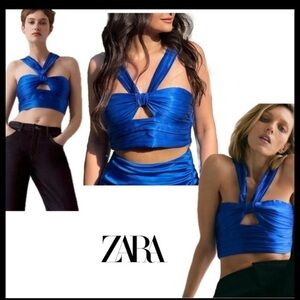 Zara Royal cobalt blue satin effect ruched cut out front knot halter crop top S